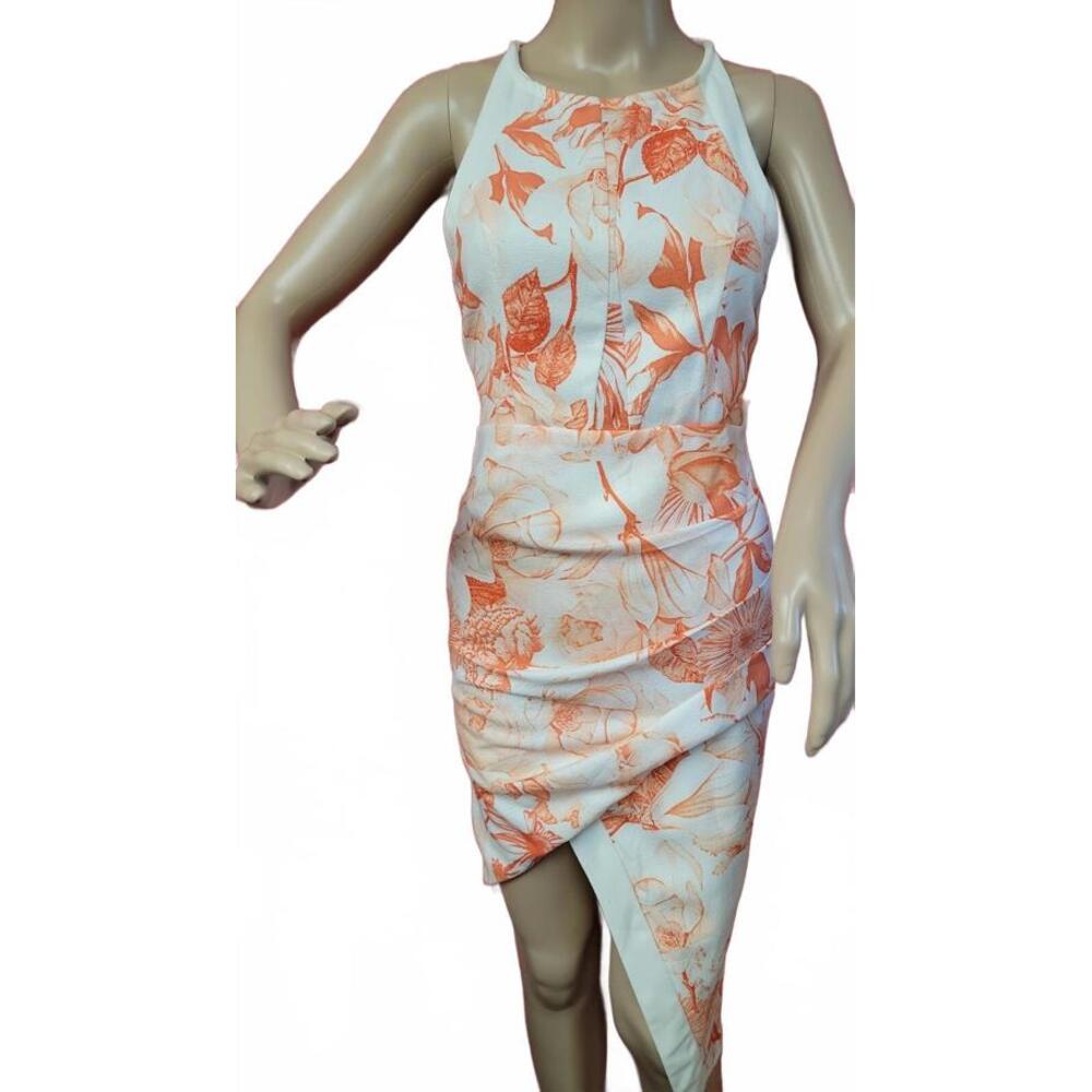 Rumor Boutique White orange Floral Sleeveless Ruched Dress Size S #E